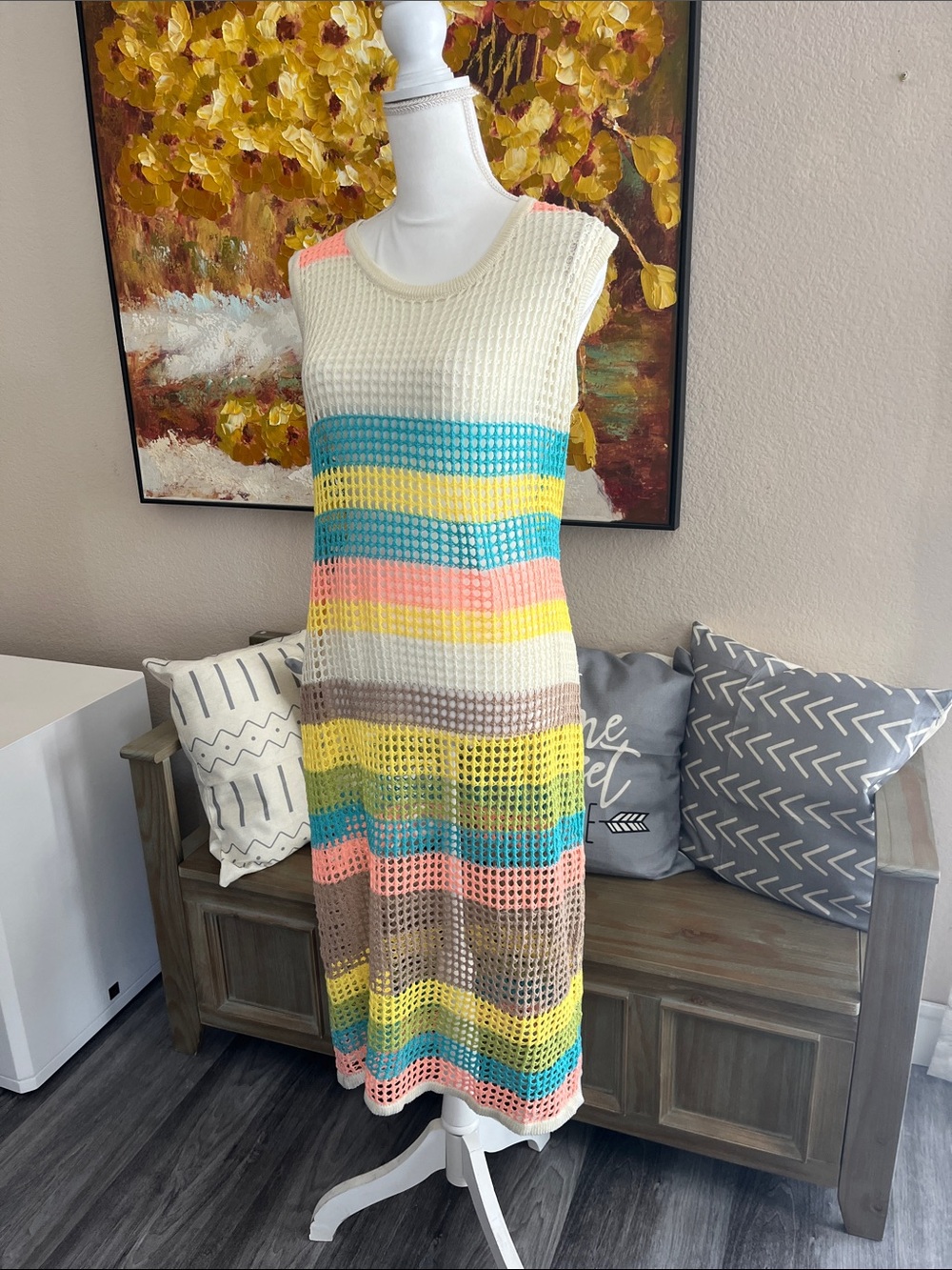 Crochet Stripe Sleeveless swim cover up in Cream, Teal, Yellow, Coral, Taupe